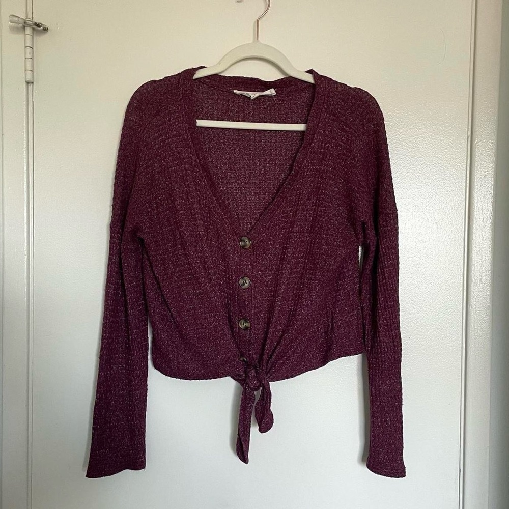 Burgundy Waffle Weave tie-front cardigan